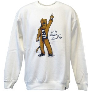 white crew neck sweatshirt with Penn State Nittany Lion Mascot and signature